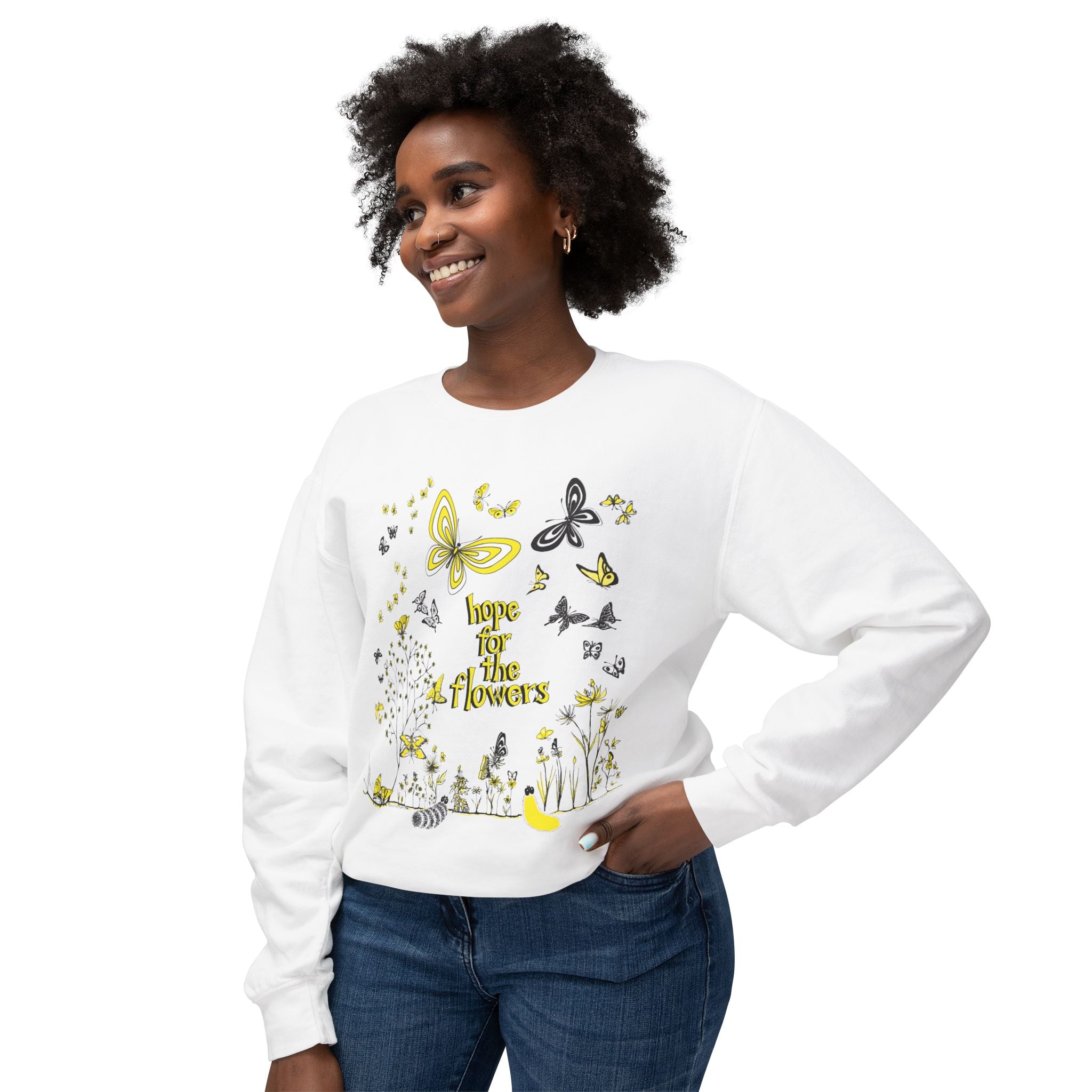 Hope for the Flowers Eco-friendly Lightweight Sweatshirt | 100% Ring-Spun Cotton | Relaxed Crewneck | Nature-Inspired Butterfly Design | Sustainable Gift of Hope