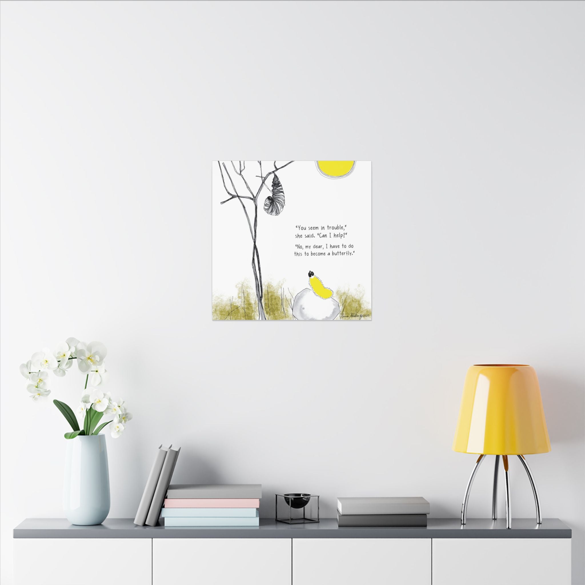“You Seem in Trouble… Can I Help?” Hope for the Flowers Transformation Illustration | Eco-Friendly Canvas Wall Art | Inspirational Caterpillar & Chrysalis Scene
