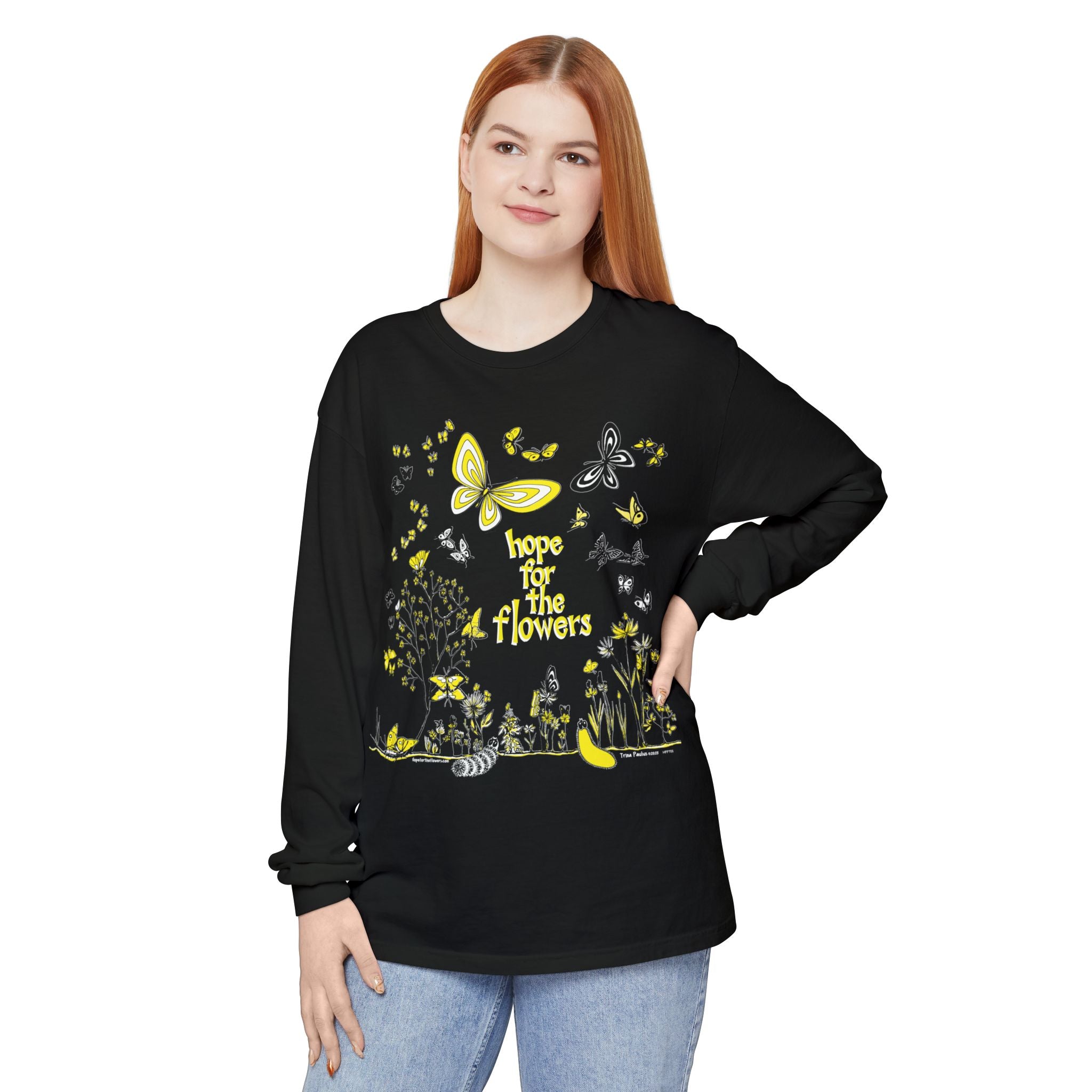 Hope for the Flowers 100% Ring-Spun Cotton Unisex Long Sleeve Tee |  | Garment-Dyed Unisex Shirt | Inspirational Butterfly Design | Sustainable Gift of Hope