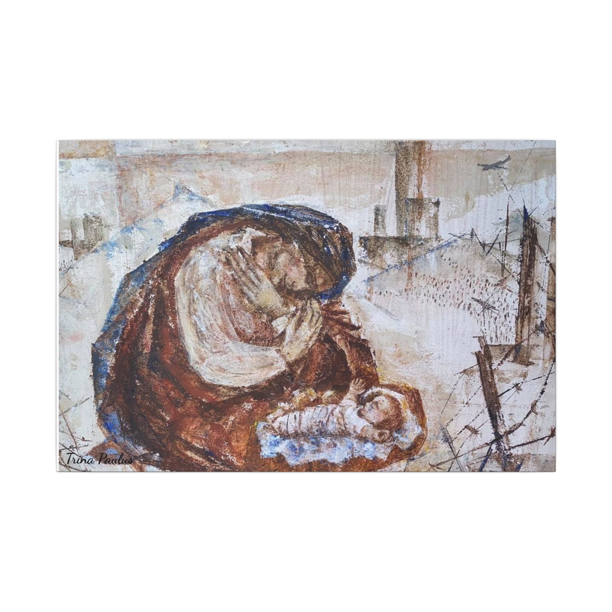 Refugee Mother by Trina Paulus | Matte Canvas Art Print | Compassion & Hope Fine Art | Inspirational Home Decor| Madonna & Child Stretched Wall Art