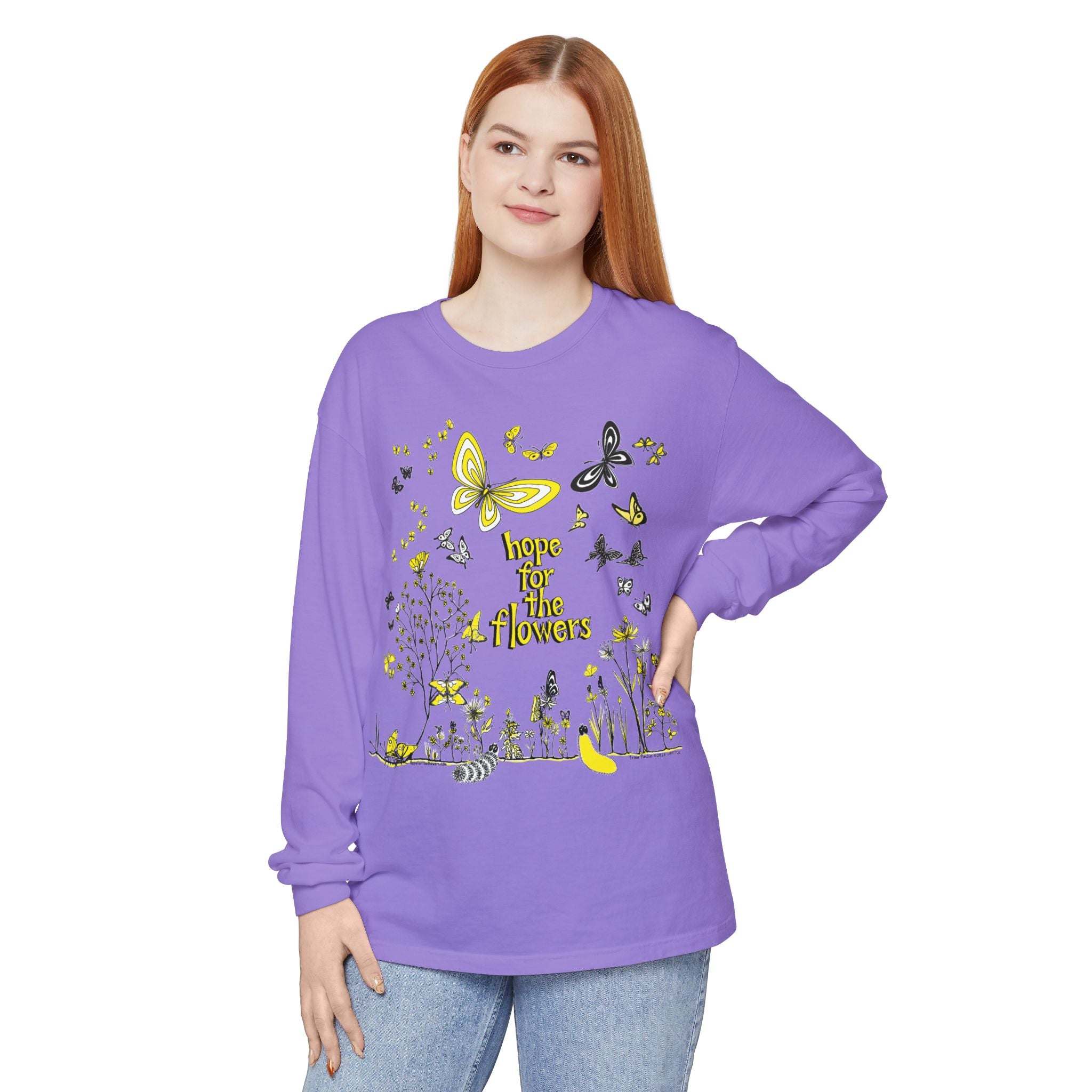 Hope for the Flowers 100% Ring-Spun Cotton Unisex Long Sleeve Tee |  | Garment-Dyed Unisex Shirt | Inspirational Butterfly Design | Sustainable Gift of Hope
