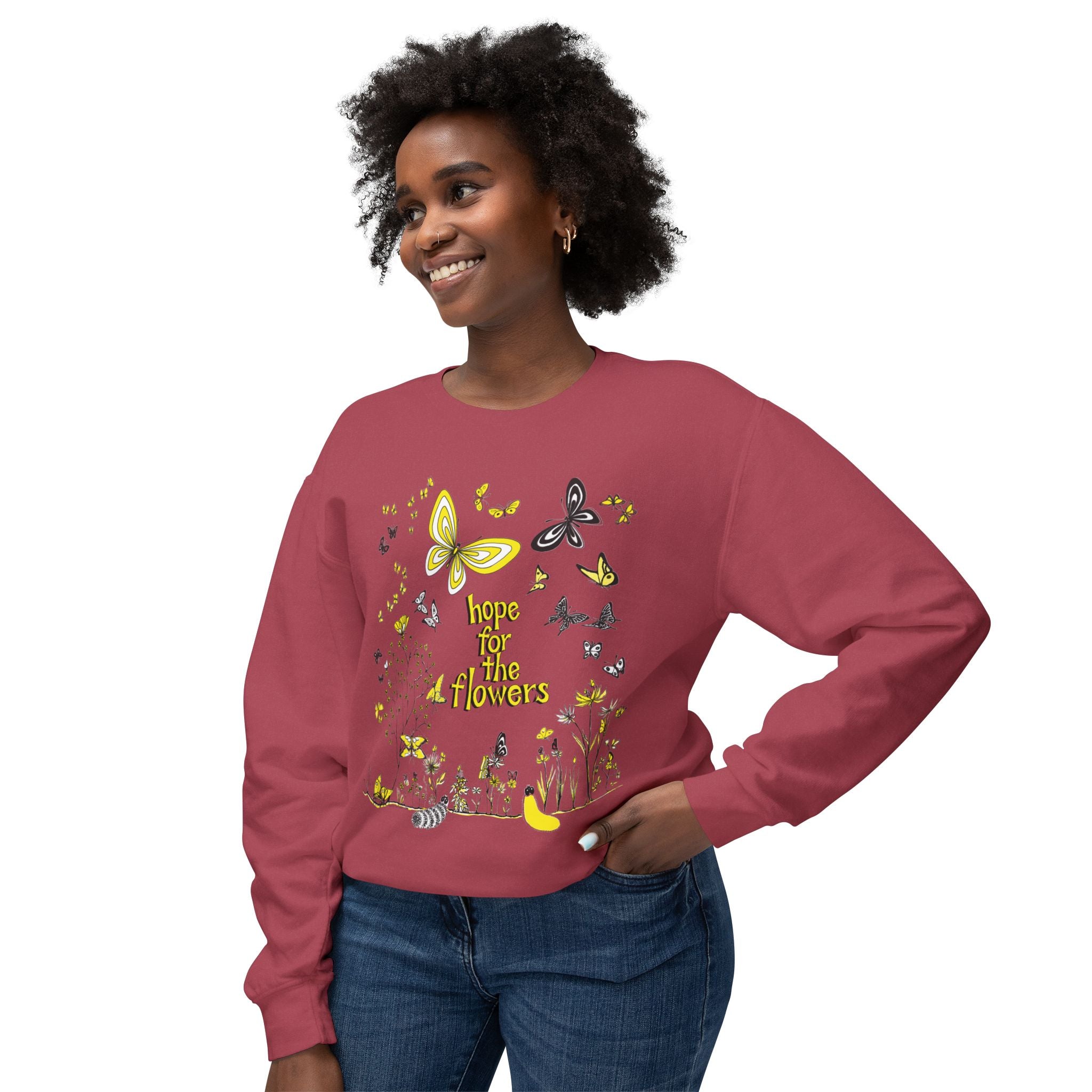 Hope for the Flowers Eco-friendly Lightweight Sweatshirt | 100% Ring-Spun Cotton | Relaxed Crewneck | Nature-Inspired Butterfly Design | Sustainable Gift of Hope