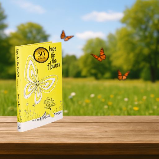Hope for the Flowers hardcover book illustration with caterpillars, butterflies, and flowers by Trina Paulus.