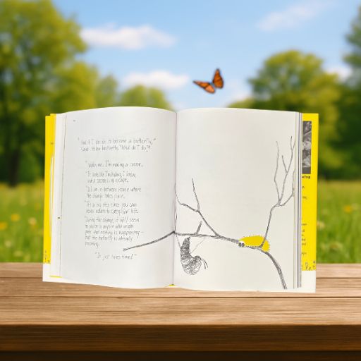 Hope for the Flowers book page illustration sample with caterpillars, butterflies, and flowers by Trina Paulus.