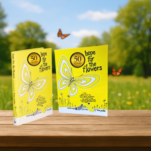 Hope for the Flowers hardcover and softcover book illustrations with caterpillars, butterflies, and flowers by Trina Paulus.